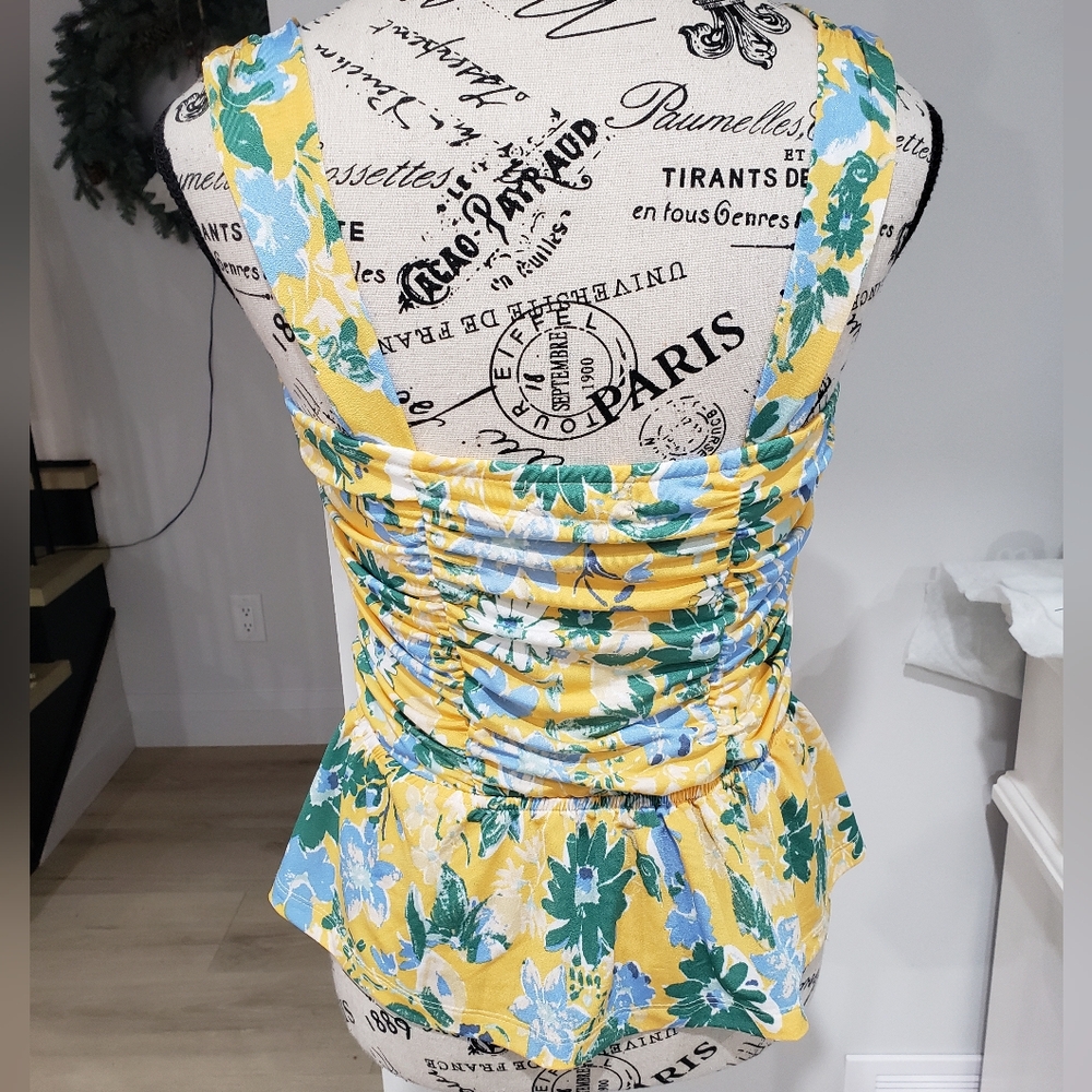 ECLAIR | Yellow/Blue Floral Rouched Tank Top - Picture 4 of 4
